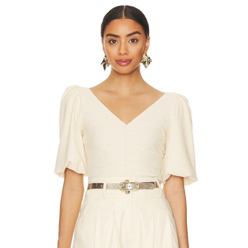 Free People Cupcake Top Ruched Puff Sleeve Yellow Textured Popcorn V-Neck Blouse